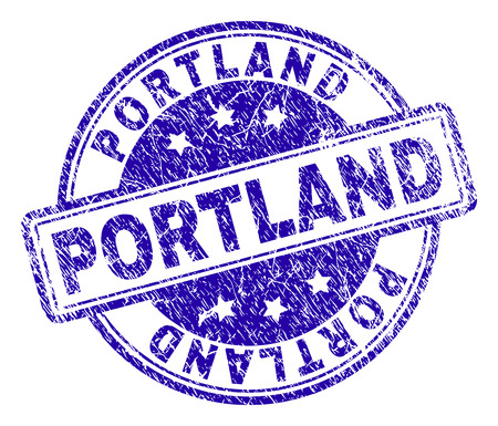 PORTLAND stamp seal imprint with grunge texture. Designed with rounded rectangles and circles. Blue vector rubber print of PORTLAND tag with dust texture.のイラスト素材