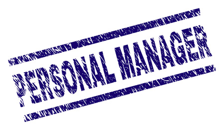 PERSONAL MANAGER seal print with distress style. Blue vector rubber print of PERSONAL MANAGER text with dust texture. Text title is placed between parallel lines.のイラスト素材