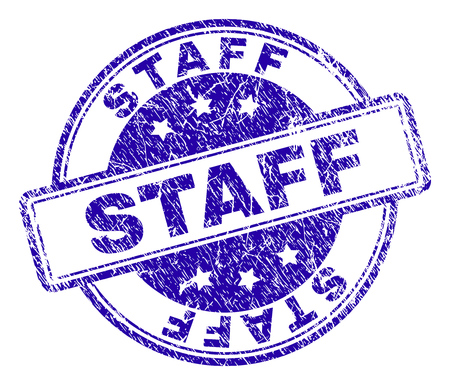 STAFF stamp seal watermark with distress texture. Designed with rounded rectangles and circles. Blue vector rubber print of STAFF title with scratched texture.のイラスト素材