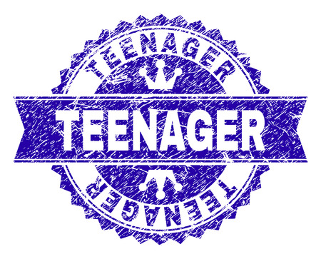 TEENAGER rosette seal watermark with grunge style. Designed with round rosette, ribbon and small crowns. Blue vector rubber watermark of TEENAGER tag with dust style.のイラスト素材