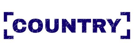 COUNTRY caption seal print with grunge texture. Text caption is placed between corners. Blue vector rubber print of COUNTRY with unclean texture.のイラスト素材