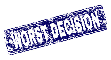 WORST DECISION stamp seal watermark with grunge style. Seal shape is a rounded rectangle with frame. Blue vector rubber print of WORST DECISION label with grunge style.のイラスト素材
