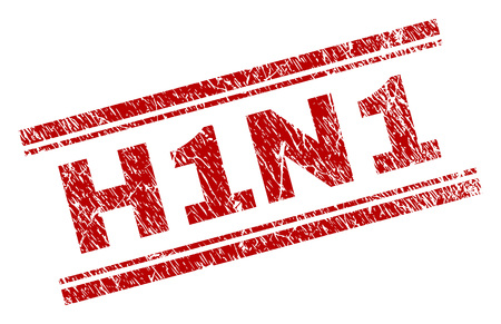 H1N1 seal print with grunge texture. Red vector rubber print of H1N1 text with corroded texture. Text label is placed between double parallel lines.のイラスト素材