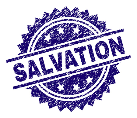 SALVATION stamp seal watermark with distress style. Blue vector rubber print of SALVATION label with grunge texture.のイラスト素材