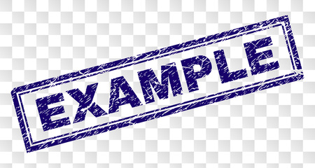 EXAMPLE stamp seal watermark with scratched style and double framed rectangle shape. Stamp is placed on a transparent background. Blue vector rubber print of EXAMPLE text with scratched texture.のイラスト素材