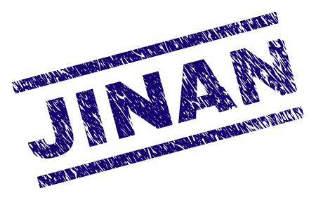JINAN seal imprint with scratced style. Blue vector rubber print of JINAN title with corroded texture. Text title is placed between parallel lines.のイラスト素材