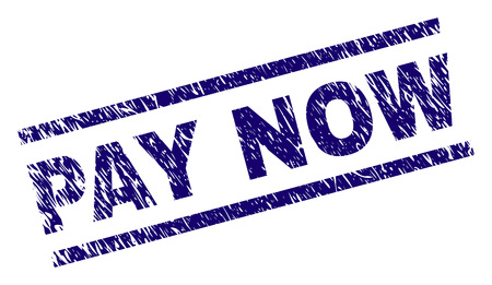 PAY NOW seal print with distress style. Blue vector rubber print of PAY NOW caption with scratched texture. Text tag is placed between parallel lines.のイラスト素材