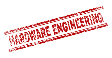 HARDWARE ENGINEERING seal print with distress texture. Red vector rubber print of HARDWARE ENGINEERING tag with scratched texture. Text title is placed between double parallel lines.のイラスト素材