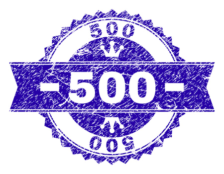 500 rosette stamp seal overlay with grunge texture. Designed with round rosette, ribbon and small crowns. Blue vector rubber print of 500 tag with retro texture.のイラスト素材