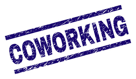 COWORKING seal print with distress style. Blue vector rubber print of COWORKING tag with scratched texture. Text tag is placed between parallel lines.のイラスト素材