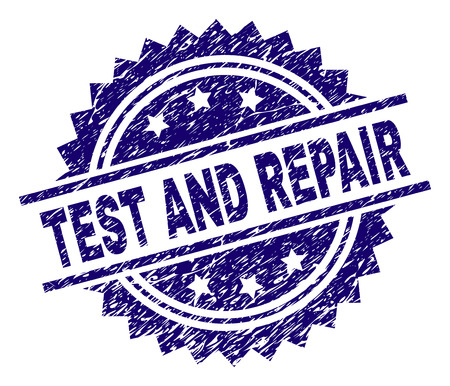 TEST AND REPAIR stamp seal watermark with distress style. Blue vector rubber print of TEST AND REPAIR title with corroded texture.のイラスト素材