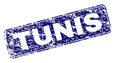 TUNIS stamp seal print with grunge texture. Seal shape is a rounded rectangle with frame. Blue vector rubber print of TUNIS title with dust texture.のイラスト素材