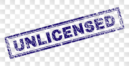 UNLICENSED stamp seal print with rubber print style and double framed rectangle shape. Stamp is placed on a transparent background. Blue vector rubber print of UNLICENSED tag with dirty texture.のイラスト素材
