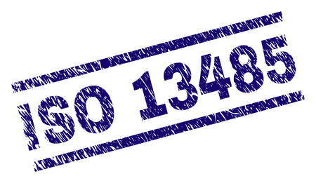 ISO 13485 seal print with scratced style. Blue vector rubber print of ISO 13485 caption with unclean texture. Text caption is placed between parallel lines.のイラスト素材