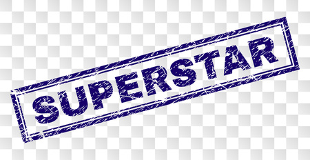 SUPERSTAR stamp seal print with rubber print style and double framed rectangle shape. Stamp is placed on a transparent background. Blue vector rubber print of SUPERSTAR caption with dust texture.のイラスト素材