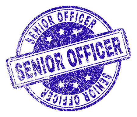 SENIOR OFFICER stamp seal watermark with grunge texture. Designed with rounded rectangles and circles. Blue vector rubber print of SENIOR OFFICER title with dust texture.のイラスト素材