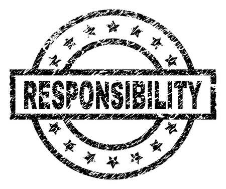 RESPONSIBILITY stamp seal watermark with distress style. Designed with rectangle, circles and stars. Black vector rubber print of RESPONSIBILITY label with retro texture.のイラスト素材