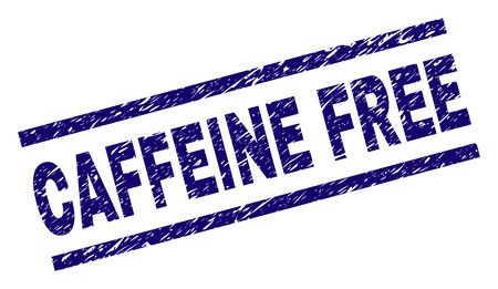 CAFFEINE FREE seal print with scratced style. Blue vector rubber print of CAFFEINE FREE tag with unclean texture. Text tag is placed between parallel lines.のイラスト素材