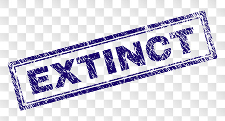 EXTINCT stamp seal imprint with rubber print style and double framed rectangle shape. Stamp is placed on a transparent background. Blue vector rubber print of EXTINCT label with scratched texture.