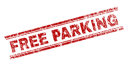 FREE PARKING seal print with distress texture. Red vector rubber print of FREE PARKING text with corroded texture. Text tag is placed between double parallel lines.のイラスト素材