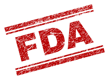 FDA seal imprint with corroded texture. Red vector rubber print of FDA title with corroded texture. Text title is placed between double parallel lines.のイラスト素材