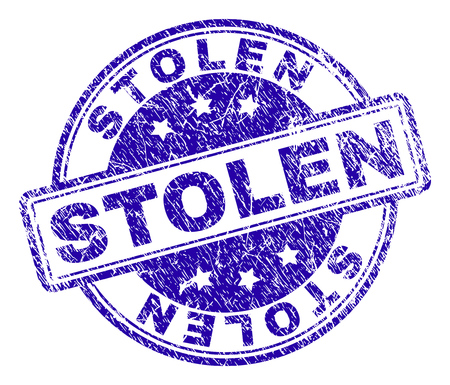 STOLEN stamp seal watermark with distress texture. Designed with rounded rectangles and circles. Blue vector rubber print of STOLEN tag with scratched texture.のイラスト素材