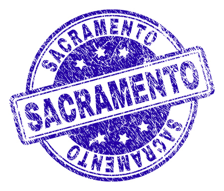 SACRAMENTO stamp seal imprint with distress texture. Designed with rounded rectangles and circles. Blue vector rubber print of SACRAMENTO title with retro texture.のイラスト素材