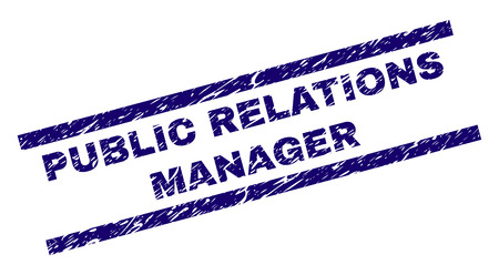 PUBLIC RELATIONS MANAGER seal stamp with scratced style. Blue vector rubber print of PUBLIC RELATIONS MANAGER text with corroded texture. Text tag is placed between parallel lines.のイラスト素材