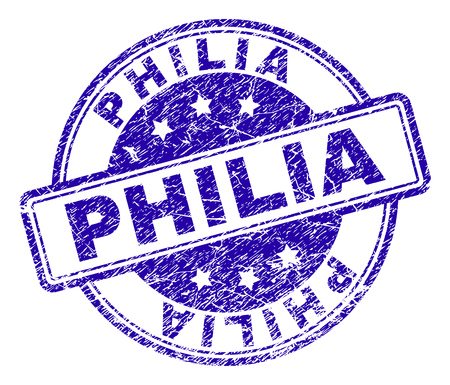 PHILIA stamp seal watermark with grunge texture. Designed with rounded rectangles and circles. Blue vector rubber print of PHILIA text with retro texture.のイラスト素材