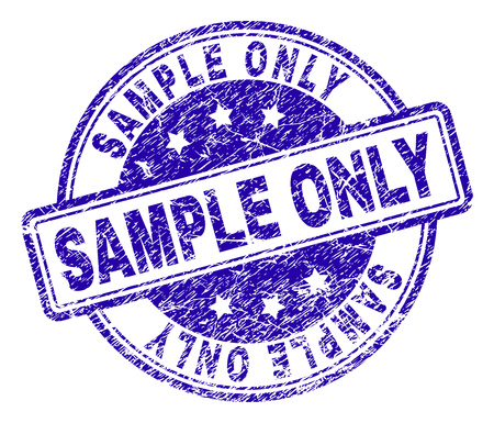 SAMPLE ONLY stamp seal watermark with distress texture. Designed with rounded rectangles and circles. Blue vector rubber print of SAMPLE ONLY text with dirty texture.のイラスト素材