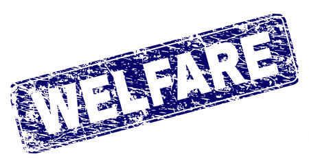 WELFARE stamp seal print with distress texture. Seal shape is a rounded rectangle with frame. Blue vector rubber print of WELFARE title with dirty texture.のイラスト素材
