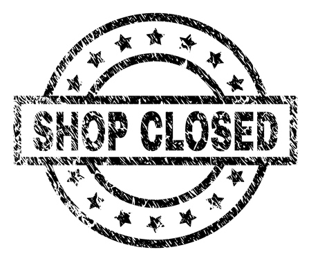SHOP CLOSED stamp seal watermark with distress style. Designed with rectangle, circles and stars. Black vector rubber print of SHOP CLOSED text with unclean texture.のイラスト素材
