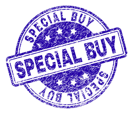 SPECIAL BUY stamp seal imprint with grunge texture. Designed with rounded rectangles and circles. Blue vector rubber print of SPECIAL BUY text with dirty texture.のイラスト素材