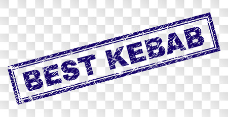 BEST KEBAB stamp seal print with distress style and double framed rectangle shape. Stamp is placed on a transparent background. Blue vector rubber print of BEST KEBAB tag with grunge texture.のイラスト素材