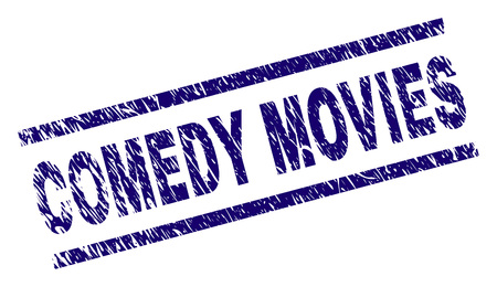 COMEDY MOVIES seal print with distress style. Blue vector rubber print of COMEDY MOVIES label with corroded texture. Text label is placed between parallel lines.のイラスト素材