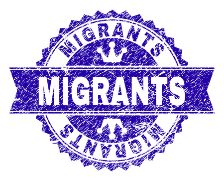 MIGRANTS rosette stamp watermark with grunge texture. Designed with round rosette, ribbon and small crowns. Blue vector rubber watermark of MIGRANTS text with unclean texture.のイラスト素材