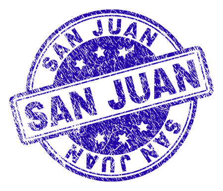 SAN JUAN stamp seal imprint with distress texture. Designed with rounded rectangles and circles. Blue vector rubber print of SAN JUAN text with unclean texture.のイラスト素材