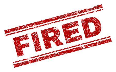 FIRED seal stamp with grunge texture. Red vector rubber print of FIRED text with unclean texture. Text label is placed between double parallel lines.のイラスト素材