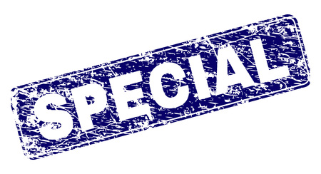 SPECIAL stamp seal print with distress texture. Seal shape is a rounded rectangle with frame. Blue vector rubber print of SPECIAL tag with dirty texture.のイラスト素材