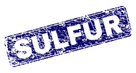 SULFUR stamp seal print with grunge texture. Seal shape is a rounded rectangle with frame. Blue vector rubber print of SULFUR tag with unclean texture.のイラスト素材