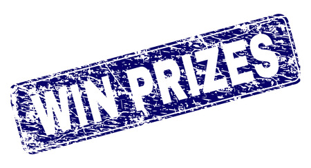 WIN PRIZES stamp seal print with distress texture. Seal shape is a rounded rectangle with frame. Blue vector rubber print of WIN PRIZES tag with scratched texture.のイラスト素材