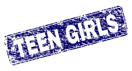 TEEN GIRLS stamp seal print with distress texture. Seal shape is a rounded rectangle with frame. Blue vector rubber print of TEEN GIRLS tag with unclean texture.のイラスト素材