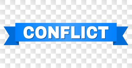 CONFLICT text on a ribbon. Designed with white caption and blue stripe. Vector banner with CONFLICT tag on a transparent background.のイラスト素材