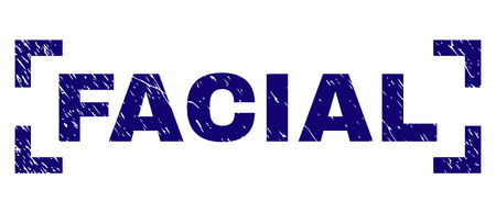 FACIAL title seal print with corroded effect. Text tag is placed inside corners. Blue vector rubber print of FACIAL with corroded texture.のイラスト素材