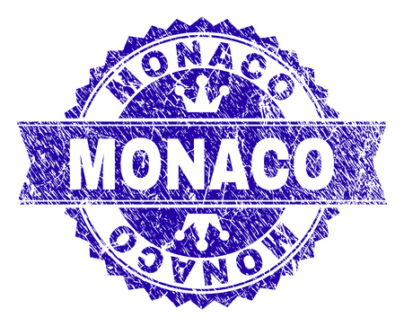MONACO rosette stamp seal imitation with grunge style. Designed with round rosette, ribbon and small crowns. Blue vector rubber watermark of MONACO text with scratched style.のイラスト素材