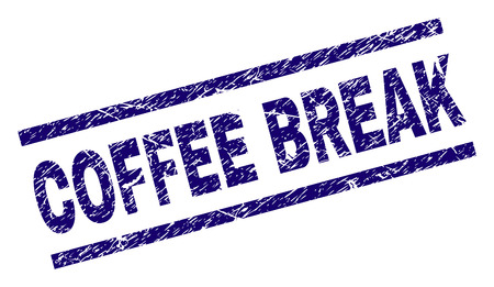 COFFEE BREAK seal print with grunge style. Blue vector rubber print of COFFEE BREAK tag with grunge texture. Text tag is placed between parallel lines.のイラスト素材