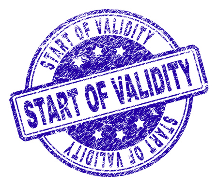 START OF VALIDITY stamp seal watermark with distress texture. Designed with rounded rectangles and circles. Blue vector rubber print of START OF VALIDITY label with grunge texture.のイラスト素材