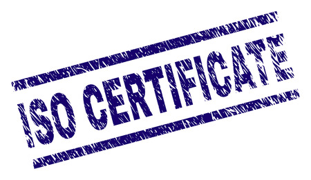 ISO CERTIFICATE seal print with distress style. Blue vector rubber print of ISO CERTIFICATE title with unclean texture. Text title is placed between parallel lines.のイラスト素材
