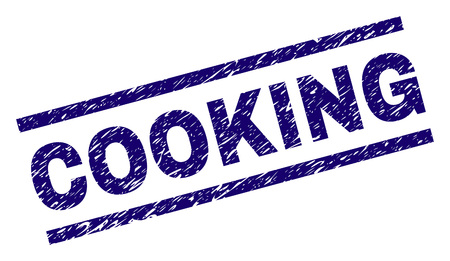 COOKING seal watermark with grunge style. Blue vector rubber print of COOKING caption with dirty texture. Text caption is placed between parallel lines.のイラスト素材