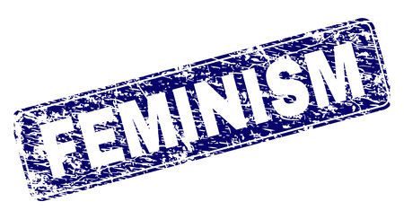 FEMINISM stamp seal print with grunge style. Seal shape is a rounded rectangle with frame. Blue vector rubber print of FEMINISM text with corroded style.のイラスト素材